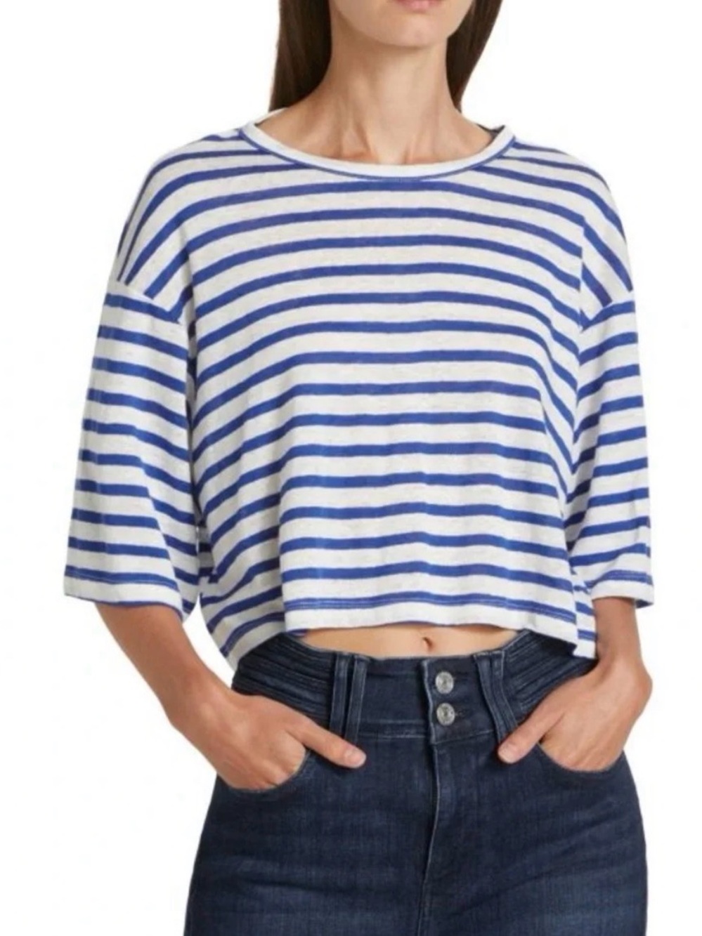 Frame Blue and White Striped Cropped Tee